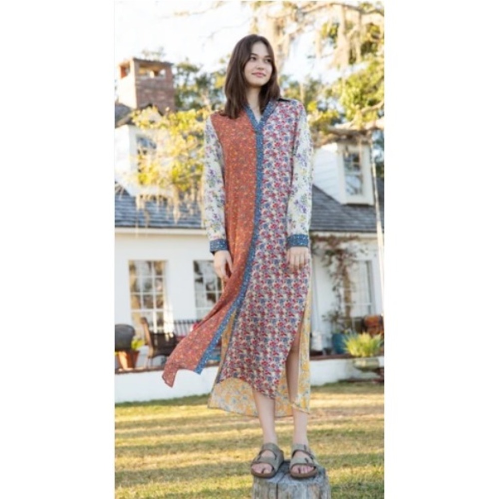 Natural Life Large Esme Mixed Floral Patchwork Maxi Shirt Dress Boho Duster